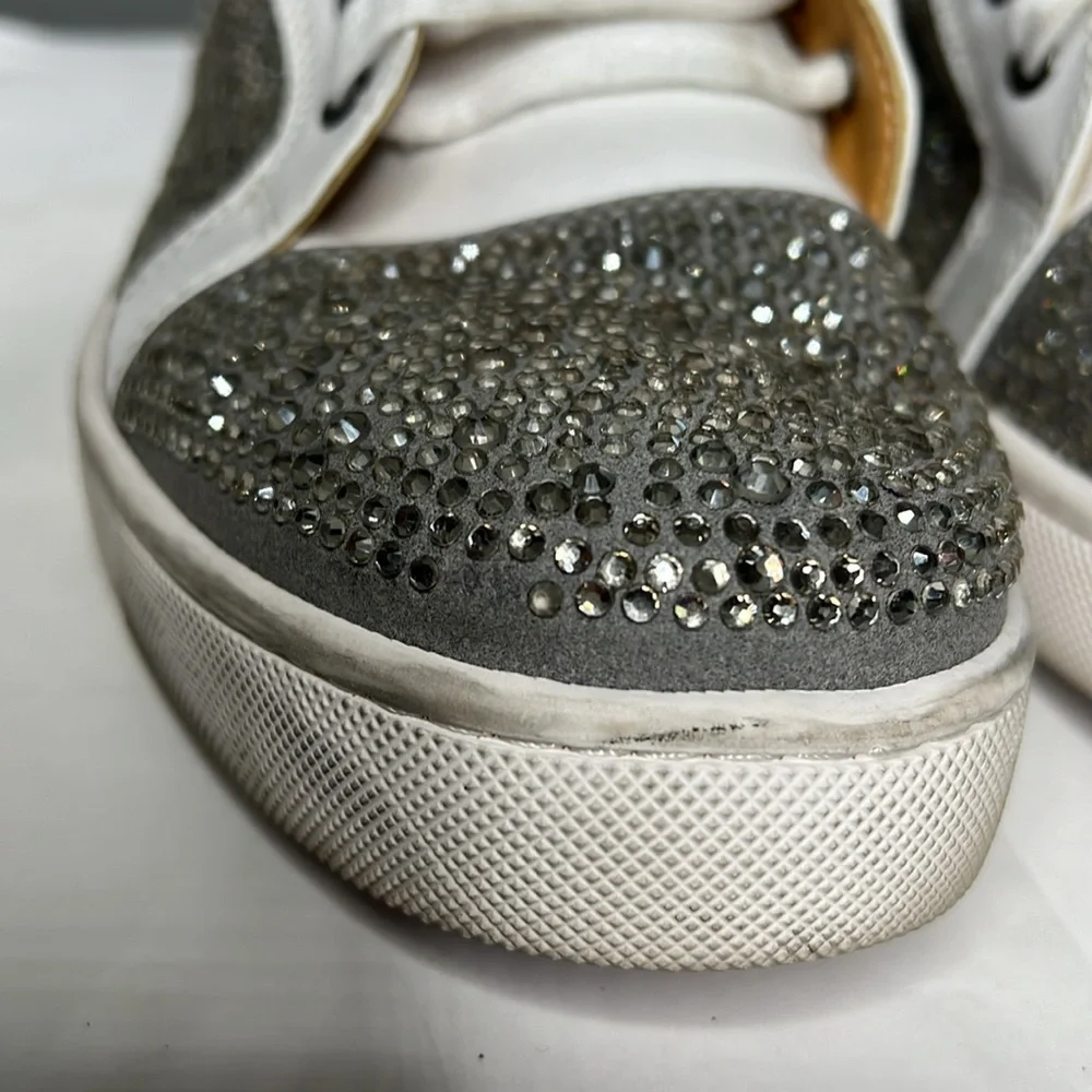 Crystal Rhinestone Sz 10.5 / EU 41 White Leather Hightop Sneakers Red Sole